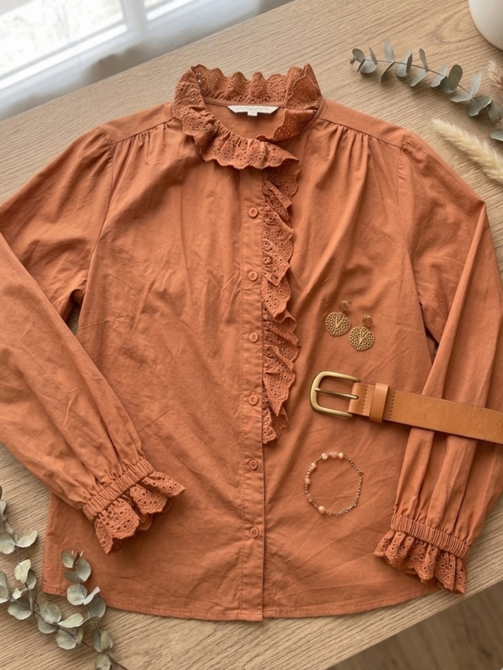 Brown Cotton Button-Down Shirt with Eyelet Lace Ruffle M Cottagecore Modest